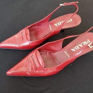PRADA Kitten Heel Slingbacks in Dark Red Leather